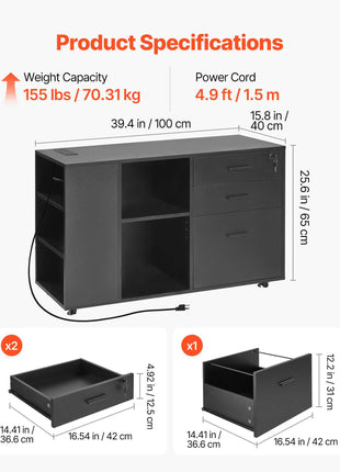 3 Drawer Wooden File Cabinet, Mobile Filing Cabinet with Power Strip, Lockable Rolling File Storage with Adjustable Shelves & 5 Wheels, Floor Standing Printer Stand for Home Office School, Black