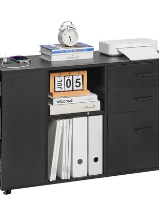 3 Drawer Wooden File Cabinet, Mobile Filing Cabinet with Power Strip, Lockable Rolling File Storage with Adjustable Shelves & 5 Wheels, Floor Standing Printer Stand for Home Office School, Black