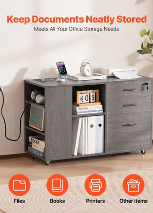 3 Drawer Wooden File Cabinet, Mobile Filing Cabinet with Power Strip, Lockable Rolling File Storage with Adjustable Shelves & 5 Wheels, Floor Standing Printer Stand for Home Office School, Gray