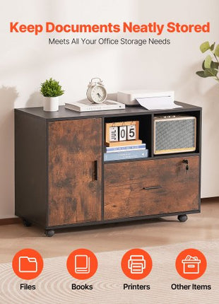 Wood File Cabinet, Mobile Filing Cabinet with Open Shelves, Lockable Lateral Rolling File Storage with Adjustable Shelves, Free Standing Printer Stand for Home, Office, School, Rustic Brown