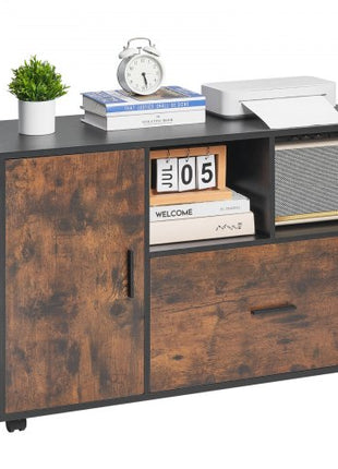 Wood File Cabinet, Mobile Filing Cabinet with Open Shelves, Lockable Lateral Rolling File Storage with Adjustable Shelves, Free Standing Printer Stand for Home, Office, School, Rustic Brown