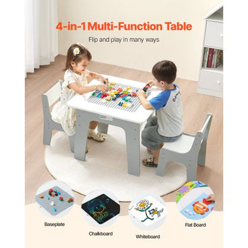 4 in 1 Kid Activity Table and 2 Chairs Set, Graffiti & Building Blocks Double-Sided Tabletop, Toddler Play Table with Storage for Kids 3+ Years, Large Storage Space, Gift for Boys & Girls, White