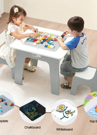 4 in 1 Kid Activity Table and 2 Chairs Set, Graffiti & Building Blocks Double-Sided Tabletop, Toddler Play Table with Storage for Kids 3+ Years, Large Storage Space, Gift for Boys & Girls, White
