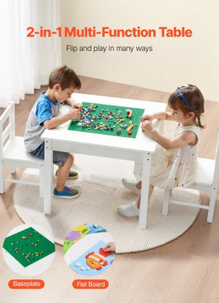 Kids Activity Table and 2 Chairs Set, Building Blocks Double-Sided Tabletop, Toddler Table and Chair Set with Storage for Kids 3+ Years, Large Storage Space, Present for Boys & Girls, White