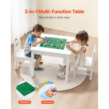 Kids Activity Table and 2 Chairs Set, Building Blocks Double-Sided Tabletop, Toddler Table and Chair Set with Storage for Kids 3+ Years, Large Storage Space, Present for Boys & Girls, White