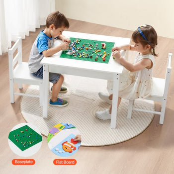 Kids Activity Table and 2 Chairs Set, Building Blocks Double-Sided Tabletop, Toddler Table and Chair Set with Storage for Kids 3+ Years, Large Storage Space, Present for Boys & Girls, White
