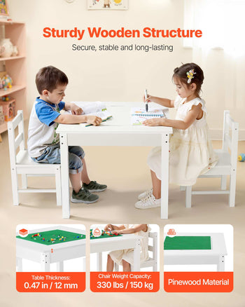 Kids Activity Table and 2 Chairs Set, Building Blocks Double-Sided Tabletop, Toddler Table and Chair Set with Storage for Kids 3+ Years, Large Storage Space, Present for Boys & Girls, White
