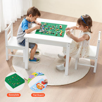 Kids Activity Table and 2 Chairs Set, Building Blocks Double-Sided Tabletop, Toddler Table and Chair Set with Storage for Kids 3+ Years, Large Storage Space, Present for Boys & Girls, White