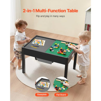 Kids Wooden Activity Table, Building Blocks Double-Sided Tabletop, Multi-Purpose Activity Play Table with 2 Storage Bins for Kids 3+ Years, Large Storage Space, Present for Boys & Girls, Black