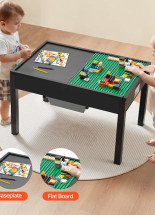 Kids Wooden Activity Table, Building Blocks Double-Sided Tabletop, Multi-Purpose Activity Play Table with 2 Storage Bins for Kids 3+ Years, Large Storage Space, Present for Boys & Girls, Black