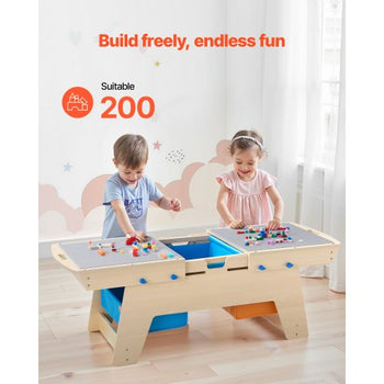 Kids Reversible Wooden Activity Table, Multi-Purpose Activity Play Table with 200 Building Bricks & 3 Storage Bins for Kids 3+ Years, Large Storage Space, Present for Boys & Girls, Natural