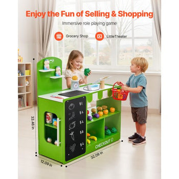 Kids Grocery Store Playset, Wooden Play Market Stand with Shopping Bag, Kids Supermarket Pretend Play Store with Conveyor Belt, Scanner, Cash Register, Realistic Scale, Gift for Boys & Girls