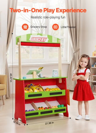 Wooden Puppet Theater with Curtains, 2-in-1 Reversible Play Store, Double-Sided Grocery Store Playset with Chalkboard & Cash Register, Kids Pretend Play Market Stand, Gift for Boys & Girls