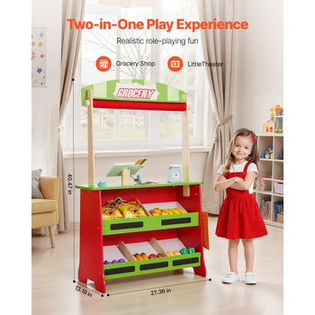 Wooden Puppet Theater with Curtains, 2-in-1 Reversible Play Store, Double-Sided Grocery Store Playset with Chalkboard & Cash Register, Kids Pretend Play Market Stand, Gift for Boys & Girls