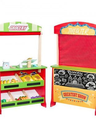 Wooden Puppet Theater with Curtains, 2-in-1 Reversible Play Store, Double-Sided Grocery Store Playset with Chalkboard & Cash Register, Kids Pretend Play Market Stand, Gift for Boys & Girls