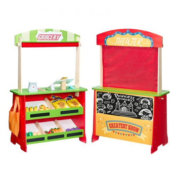 Wooden Puppet Theater with Curtains, 2-in-1 Reversible Play Store, Double-Sided Grocery Store Playset with Chalkboard & Cash Register, Kids Pretend Play Market Stand, Gift for Boys & Girls