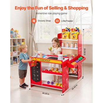 Kids Grocery Store Playset, Wooden Play Store with Shopping Bag, Kids Supermarket Pretend Play Toy Set with Conveyor Belt, Scanner, Cash Register, Realistic Scale, Gift for Boys & Girls