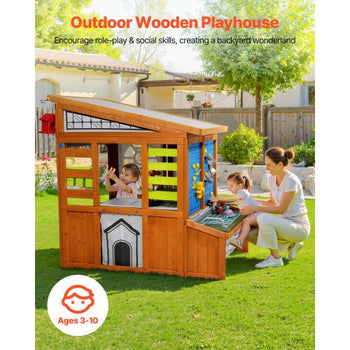 Outdoor Playhouse, Cedar Wooden Kids Playhouse with Bird Nest, Doorbell, Trash Bin, Gravity Wall Set, Storage Pocket, Windowsill, Wooden Kids Cottage for Aged 3 to 10, Rounded Corners