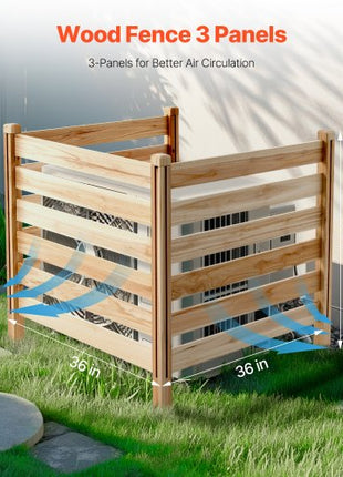 Wood Privacy Fence, 38" W x 36" L, 3 Panel Slatted Air Conditioner Fence Screen, Pool Equipment Enclosure with Metal Stakes, Easy DIY Installation, Outdoor Trash Can Hider for Garden Decoration
