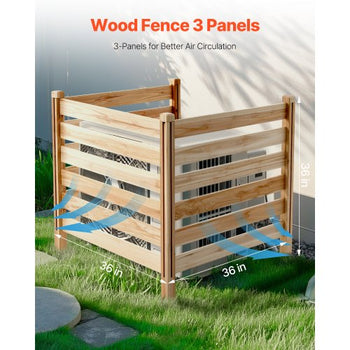 Wood Privacy Fence, 38" W x 36" L, 3 Panel Slatted Air Conditioner Fence Screen, Pool Equipment Enclosure with Metal Stakes, Easy DIY Installation, Outdoor Trash Can Hider for Garden Decoration
