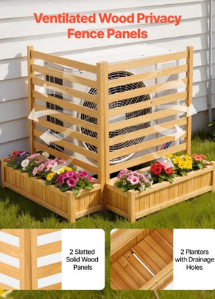 Wooden Privacy Fence, 36 x 45 inch Air Conditioner Fence, 2 Slatted Panel Solid Outdoor Wood Privacy Screen with 2 Planters, Metal Stakes, Trash Can Hider Fences Suitable for Garden, Pool