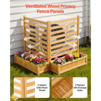 Wooden Privacy Fence, 36 x 45 inch Air Conditioner Fence, 2 Slatted Panel Solid Outdoor Wood Privacy Screen with 2 Planters, Metal Stakes, Trash Can Hider Fences Suitable for Garden, Pool