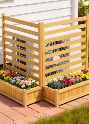 Wooden Privacy Fence, 36 x 45 inch Air Conditioner Fence, 2 Slatted Panel Solid Outdoor Wood Privacy Screen with 2 Planters, Metal Stakes, Trash Can Hider Fences Suitable for Garden, Pool