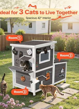 Outdoor Cat House, 2-Story Wooden Cat Shelter for 3 Outside Cats in Winter, Elevated Feral Kitty Shelter with Stairs, Clear Window & Flap Doors, Waterproof Cats Condos for Garden 42 × 25 × 34 in