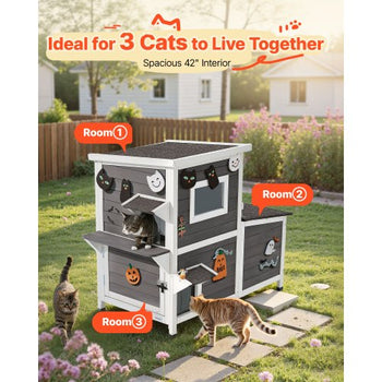 Outdoor Cat House, 2-Story Wooden Cat Shelter for 3 Outside Cats in Winter, Elevated Feral Kitty Shelter with Stairs, Clear Window & Flap Doors, Waterproof Cats Condos for Garden 42 × 25 × 34 in