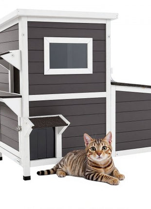 Outdoor Cat House, 2-Story Wooden Cat Shelter for 3 Outside Cats in Winter, Elevated Feral Kitty Shelter with Stairs, Clear Window & Flap Doors, Waterproof Cats Condos for Garden 42 × 25 × 34 in