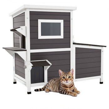 Outdoor Cat House, 2-Story Wooden Cat Shelter for 3 Outside Cats in Winter, Elevated Feral Kitty Shelter with Stairs, Clear Window & Flap Doors, Waterproof Cats Condos for Garden 42 × 25 × 34 in