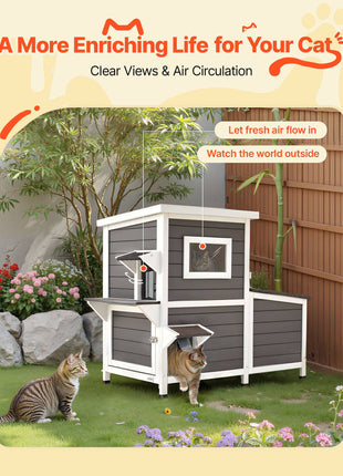 Outdoor Cat House, 2-Story Wooden Cat Shelter for 3 Outside Cats in Winter, Elevated Feral Kitty Shelter with Stairs, Clear Window & Flap Doors, Waterproof Cats Condos for Garden 42 × 25 × 34 in