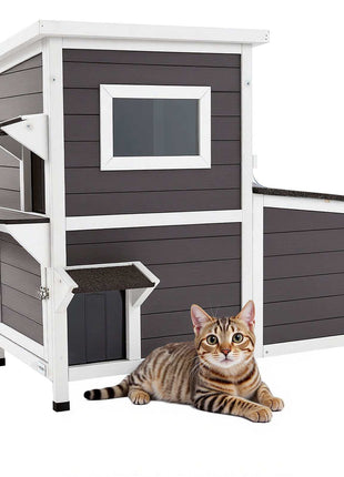 Outdoor Cat House, 2-Story Wooden Cat Shelter for 3 Outside Cats in Winter, Elevated Feral Kitty Shelter with Stairs, Clear Window & Flap Doors, Waterproof Cats Condos for Garden 42 × 25 × 34 in