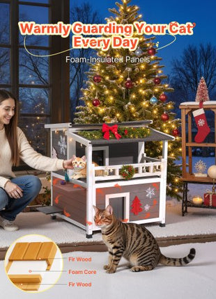 Insulated Cat House, 2-Story Wooden Cat Shelter, Foam Insulation, Feral Kitty Shelter with Balcony, Waterproof Cats Condos for Indoor & Outdoor 1-3 Cats in Winter 33 x 29.5 x 32 in