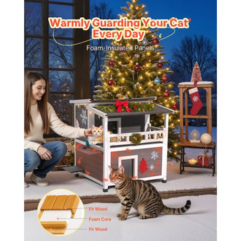 Insulated Cat House, 2-Story Wooden Cat Shelter, Foam Insulation, Feral Kitty Shelter with Balcony, Waterproof Cats Condos for Indoor & Outdoor 1-3 Cats in Winter 33 x 29.5 x 32 in