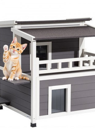 Insulated Cat House, 2-Story Wooden Cat Shelter, Foam Insulation, Feral Kitty Shelter with Balcony, Waterproof Cats Condos for Indoor & Outdoor 1-3 Cats in Winter 33 x 29.5 x 32 in