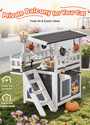 Outdoor Cat House, 2-Story Wooden Cat Shelter with Stairs & Balcony, Elevated Feral Kitty Shelter, Spacious Room, Waterproof Cats Condos for Indoor & Outdoor Cats in Winter 30 x 22 x 30 in
