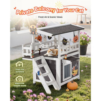 Outdoor Cat House, 2-Story Wooden Cat Shelter with Stairs & Balcony, Elevated Feral Kitty Shelter, Spacious Room, Waterproof Cats Condos for Indoor & Outdoor Cats in Winter 30 x 22 x 30 in