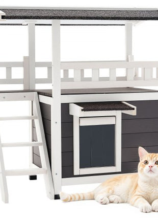 Outdoor Cat House, 2-Story Wooden Cat Shelter with Stairs & Balcony, Elevated Feral Kitty Shelter, Spacious Room, Waterproof Cats Condos for Indoor & Outdoor Cats in Winter 30 x 22 x 30 in
