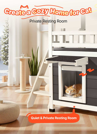 Outdoor Cat House, 2-Story Wooden Cat Shelter with Stairs & Balcony, Elevated Feral Kitty Shelter, Spacious Room, Waterproof Cats Condos for Indoor & Outdoor Cats in Winter 30 x 22 x 30 in