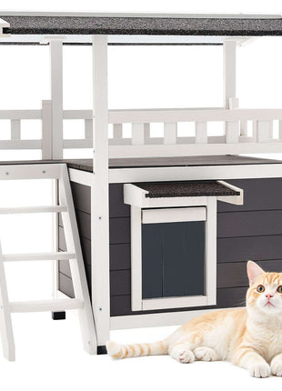 Outdoor Cat House, 2-Story Wooden Cat Shelter with Stairs & Balcony, Elevated Feral Kitty Shelter, Spacious Room, Waterproof Cats Condos for Indoor & Outdoor Cats in Winter 30 x 22 x 30 in