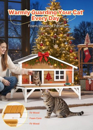 Insulated Cat House, All-Around Foam Insulation Elevated Cat Shelter, Wooden Feral Kitty Shelter with Large Platform, Waterproof Cats Condos for Indoor & Outdoor Cats in Winter 43.5x33.5x31 in