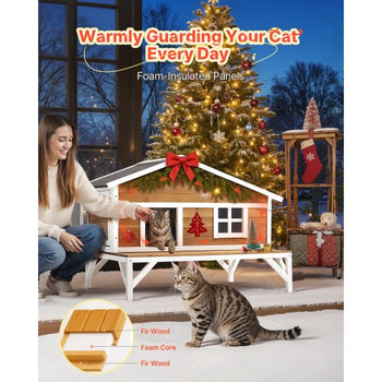 Insulated Cat House, All-Around Foam Insulation Elevated Cat Shelter, Wooden Feral Kitty Shelter with Large Platform, Waterproof Cats Condos for Indoor & Outdoor Cats in Winter 43.5x33.5x31 in
