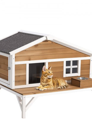 Insulated Cat House, All-Around Foam Insulation Elevated Cat Shelter, Wooden Feral Kitty Shelter with Large Platform, Waterproof Cats Condos for Indoor & Outdoor Cats in Winter 43.5x33.5x31 in