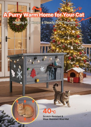 Heated Cat House, Insulated Wooden Cat House for Outdoor Cats, Waterproof Feral Kitty Shelter with Heating Pad, PVC Flap Door & Openable Asphalt Roof for 1-3 Cats in Winter, 34 x 21 x 27 in