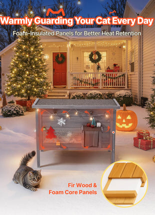 Heated Cat House, Insulated Wooden Cat House for Outdoor Cats, Waterproof Feral Kitty Shelter with Heating Pad, PVC Flap Door & Openable Asphalt Roof for 1-3 Cats in Winter, 34 x 21 x 27 in