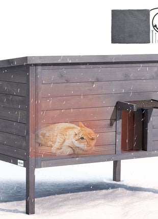 Heated Cat House, Insulated Wooden Cat House for Outdoor Cats, Waterproof Feral Kitty Shelter with Heating Pad, PVC Flap Door & Openable Asphalt Roof for 1-3 Cats in Winter, 34 x 21 x 27 in