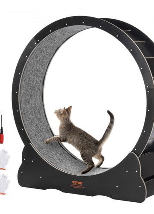 Wooden Cat Exercise Wheel, 43.3" Large Cat Treadmill Wheel for Indoor Cats, Cat Running Wheel with Detachable Carpet & Cat Teaser for Running/Walking/Training, Suitable for Most Cats Black