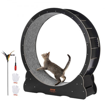 Wooden Cat Exercise Wheel, 43.3" Large Cat Treadmill Wheel for Indoor Cats, Cat Running Wheel with Detachable Carpet & Cat Teaser for Running/Walking/Training, Suitable for Most Cats Black