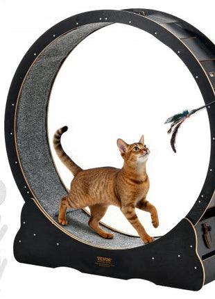 Cat Exercise Wheel, 48 in Wooden Cat Running Wheel for Indoor Cats up to 28 lbs, Cats Treadmill with Carpeted Runway & Locking Mechanism, Quiet Kitten Sport Toys for Pets Fitness & Health, Black